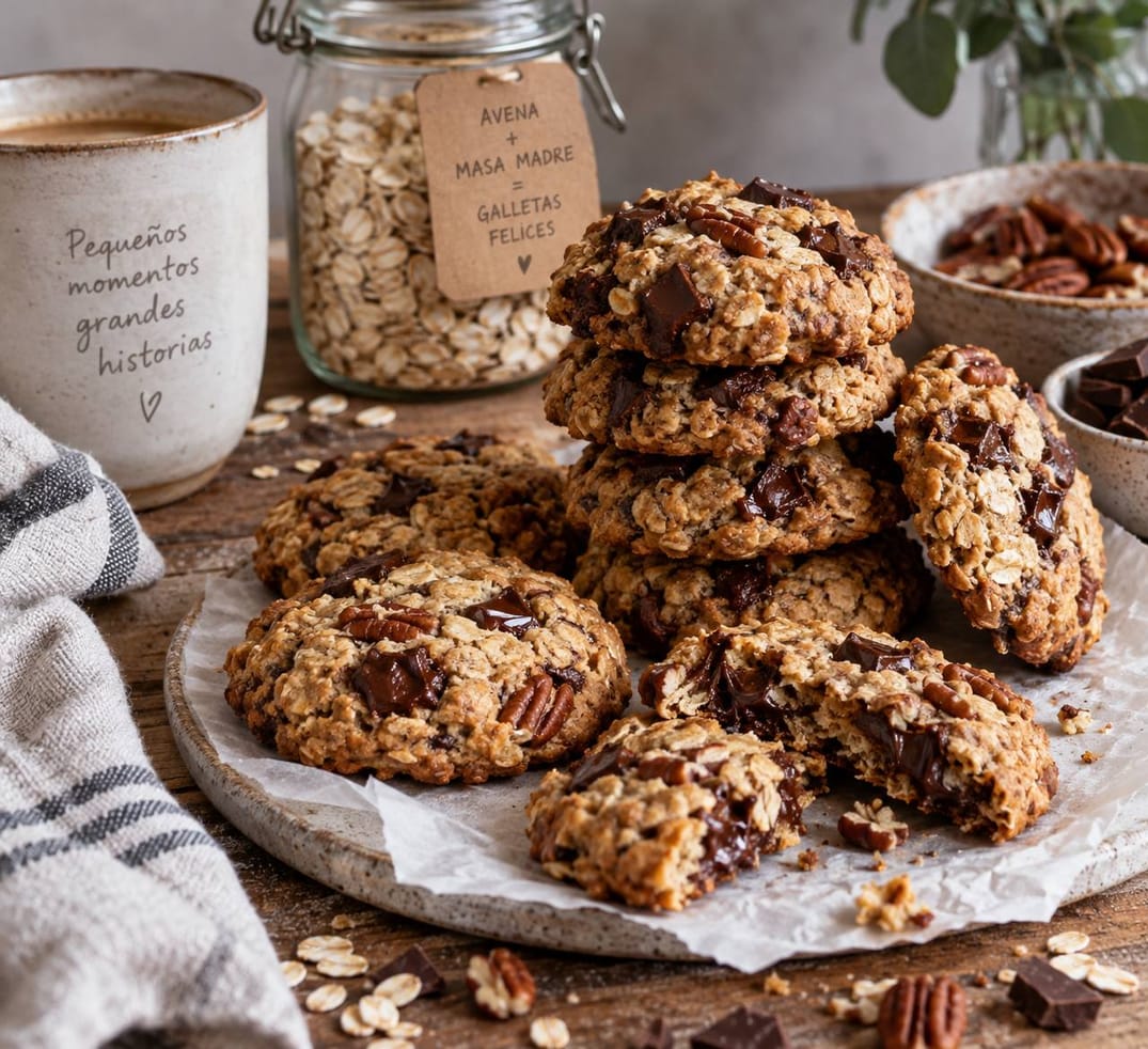 Galletas de avena con masa madre, chocolate y nueces pecanas